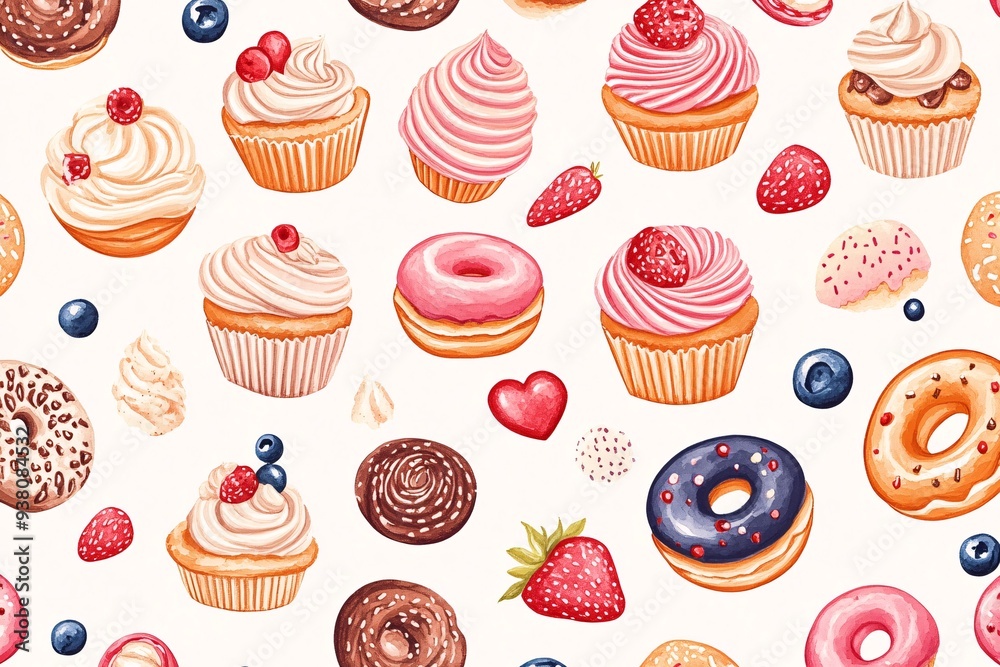 Watercolor Seamless Pattern of Donuts and Cupcakes with Berries Watercolor Seamless Pattern of Donuts and Cupcakes with Berries