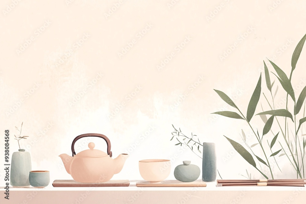Watercolor Illustration of a Tea Ceremony with Teapot Cups and Bamboo Watercolor Illustration of a Tea Ceremony with Teapot Cups and Bamboo