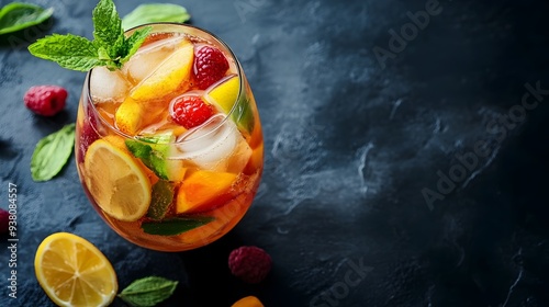 A refreshing sangria cocktail with vibrant orange lemon and lime fruit slices served in a glass on a wooden tabletop This vibrant and summery drink is perfect for relaxing unwinding