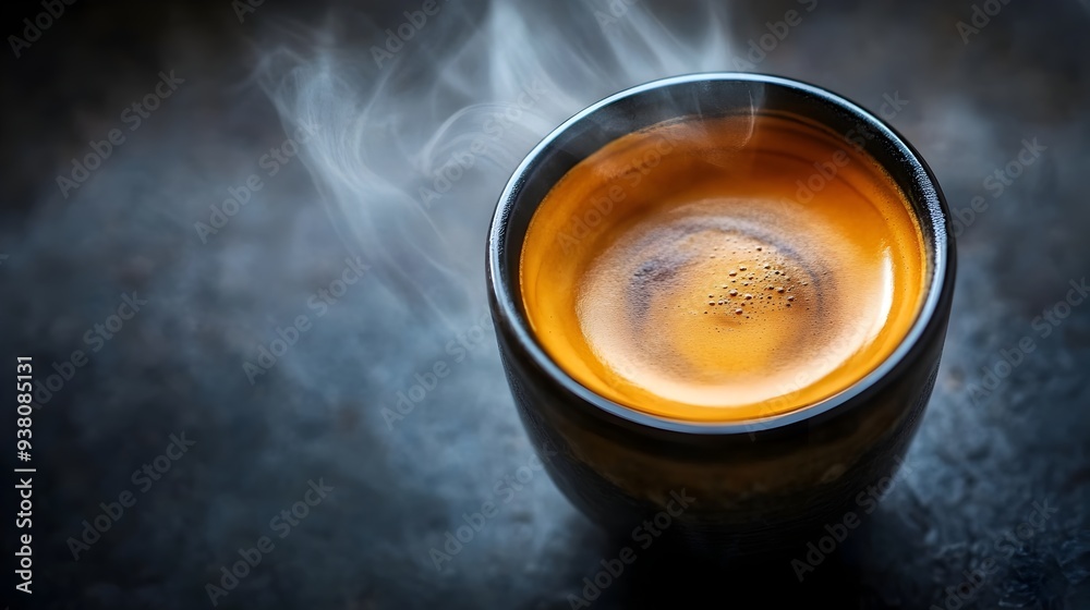 Closeup of a freshly brewed espresso shot in a small cup with rich dark crema and steam rising ready to be savored and enjoyed in a cafe or kitchen setting Closeup of a freshly brewed espresso shot in a small cup with rich dark crema and steam rising ready to be savored and enjoyed in a cafe or kitchen setting