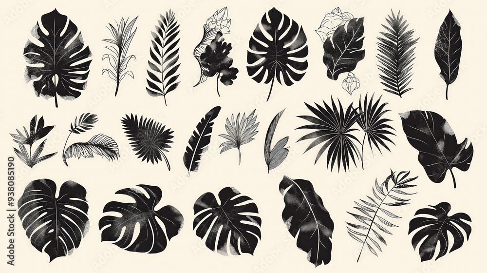 A collection of 24 black and white tropical leaves, including palm, monstera, banana, fern and more. A collection of 24 black and white tropical leaves, including palm, monstera, banana, fern and more.