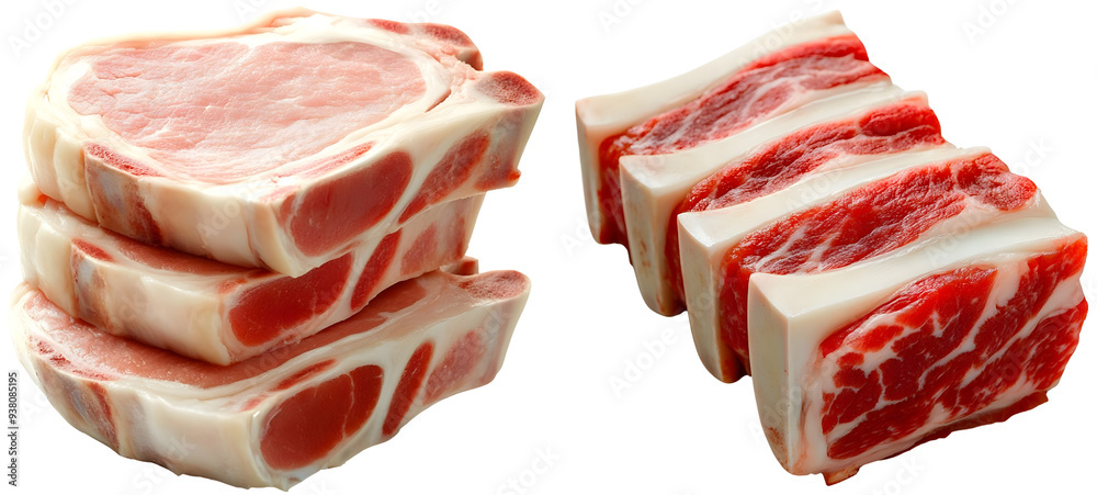 Premium Cuts: Raw Beef Short Ribs and Pork Chops, isolated on transparent background Premium Cuts: Raw Beef Short Ribs and Pork Chops, isolated on transparent background