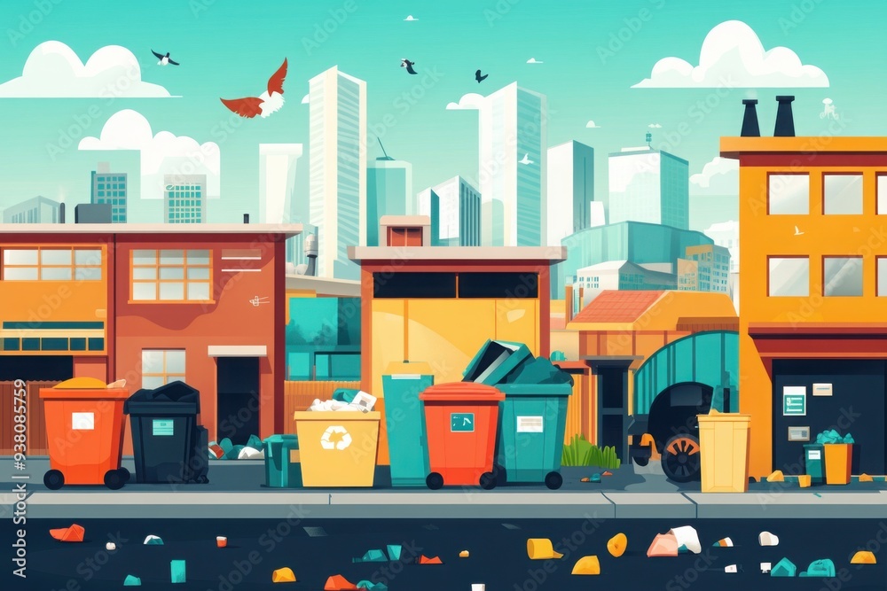 Illustration of A row of colorful trash bins is neatly lined up along a suburban street, ready for waste collection Illustration of A row of colorful trash bins is neatly lined up along a suburban street, ready for waste collection