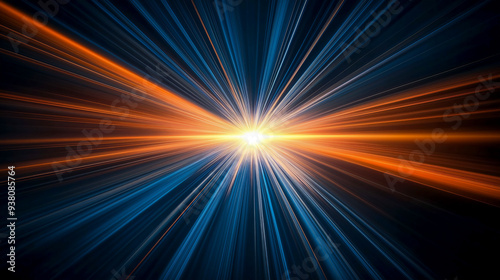 Rays of blue and orange light on a black background, a light speed effect, an energy beam with a sun flash flare.