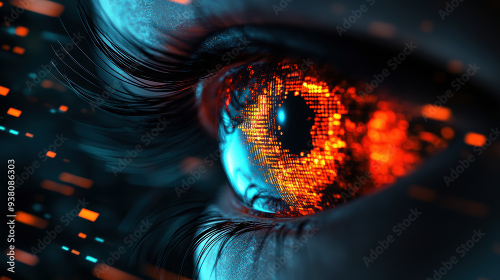 A captivating close-up of a futuristic eye, blending digital patterns and vibrant colors, showcasing the intersection of technology and humanity with striking visual depth. A captivating close-up of a futuristic eye, blending digital patterns and vibrant colors, showcasing the intersection of technology and humanity with striking visual depth.