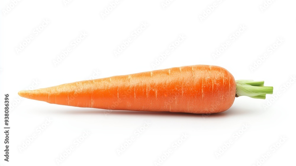 A single, fresh, orange carrot with green leafy tops, isolated on a white background. A single, fresh, orange carrot with green leafy tops, isolated on a white background.