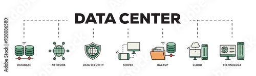 Data center icon infographic illustration concept with icon of database, network, data security, server, backup, cloud and technology icon png and easy to edit 