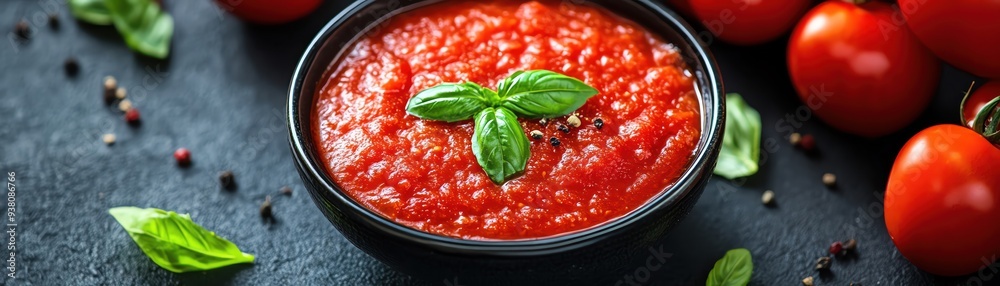 Bowl of rich tomato sauce garnished with basil, surrounded by tomatoes Bowl of rich tomato sauce garnished with basil, surrounded by tomatoes