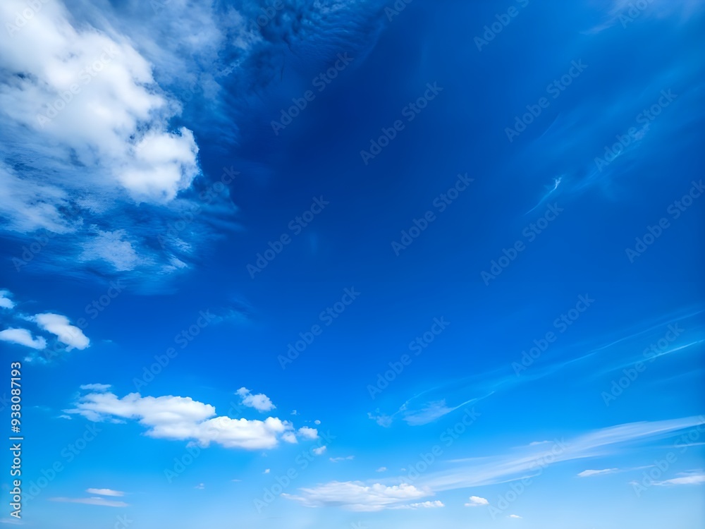 Clear blue sky with fluffy white clouds, a serene and peaceful natural background Clear blue sky with fluffy white clouds, a serene and peaceful natural background