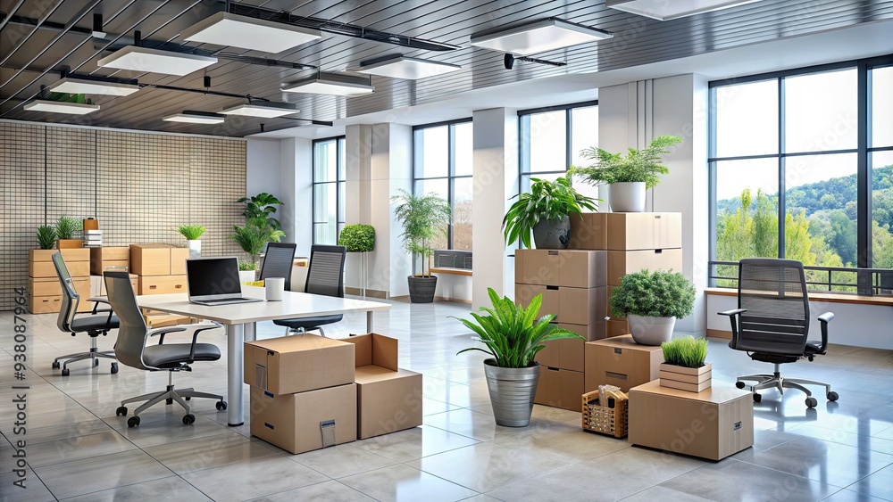 A modern office space with boxes and furniture being rearranged, symbolizing a company's transition to a new location and fresh start. A modern office space with boxes and furniture being rearranged, symbolizing a company's transition to a new location and fresh start.