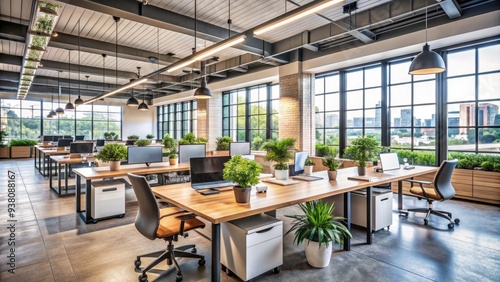 A modern open-plan office with natural light, sleek desks, and collaborative workspaces, conveying a sense of productivity and innovation in a flexible work environment.