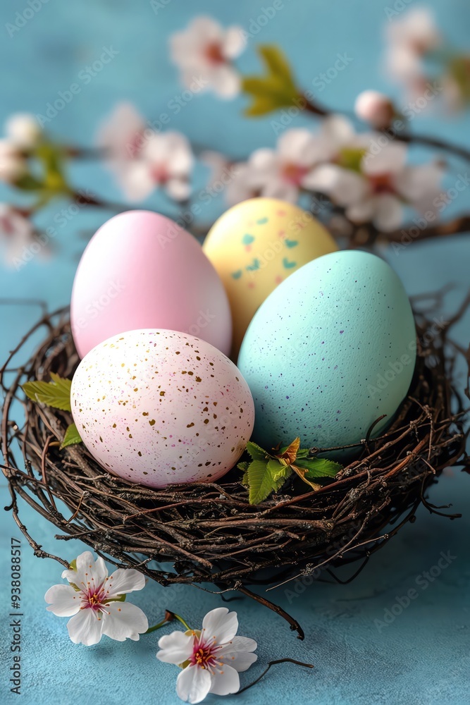 Three pastel Easter eggs in a nest with cherry blossoms, set against a soft blue backdrop Three pastel Easter eggs in a nest with cherry blossoms, set against a soft blue backdrop