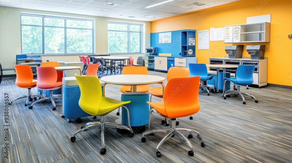 Creative study space with colorful chairs and tables Creative study space with colorful chairs and tables