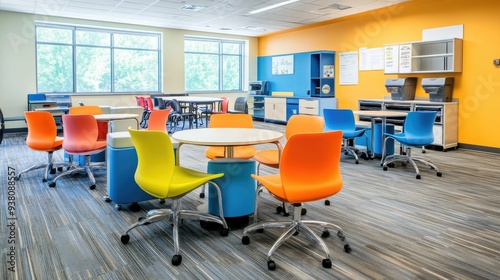 Creative study space with colorful chairs and tables