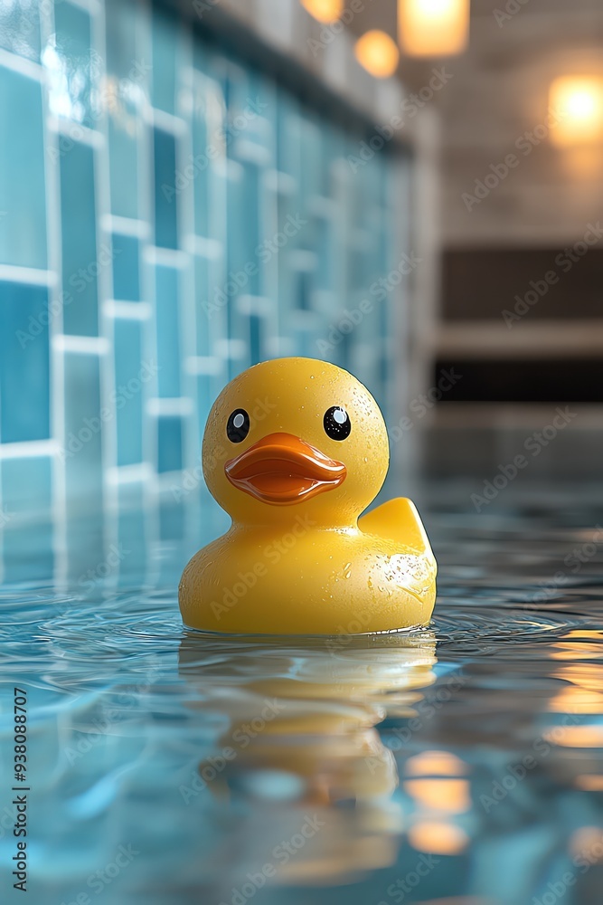 Yellow rubber duck floating in a pool with blue tiles in the background, reflecting sunlight on the water Yellow rubber duck floating in a pool with blue tiles in the background, reflecting sunlight on the water