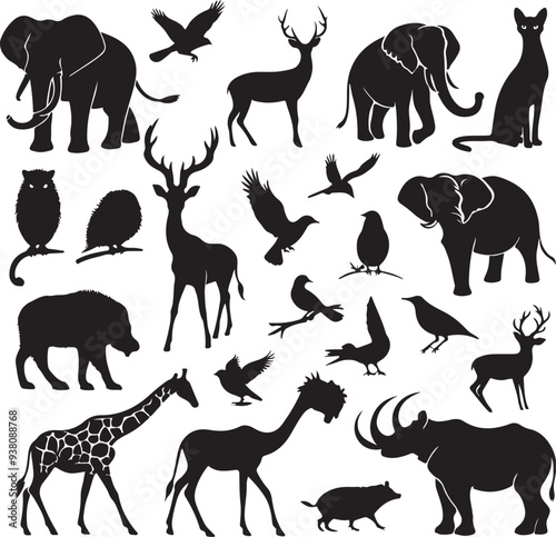 silhoutte animals of savanna, all of is mamalia, silhouettes on a white background. Perfect for designs about animals