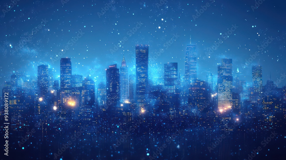 blue city skyline with buildings and lights in the background blue city skyline with buildings and lights in the background