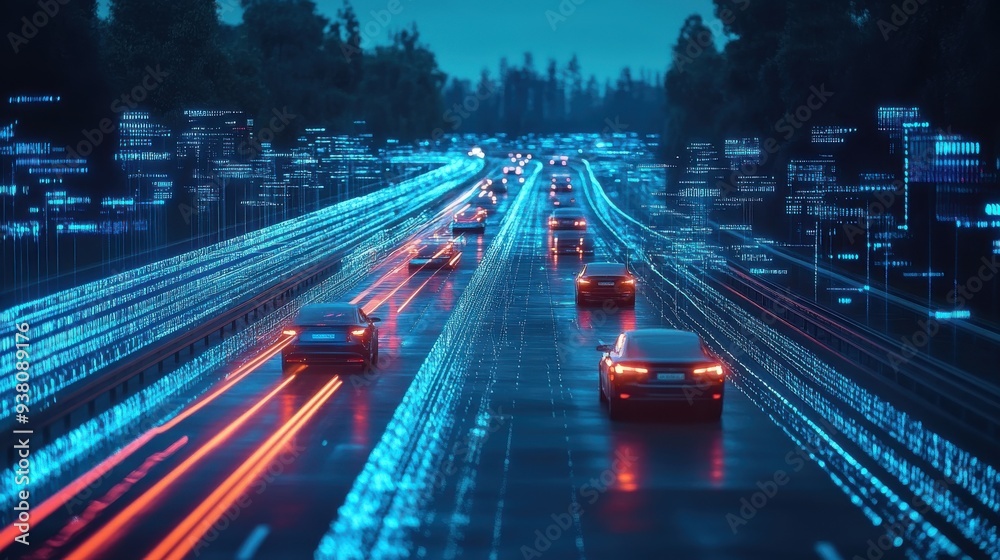 A highway drive in a high-tech setting, encircled by glowing digital ...