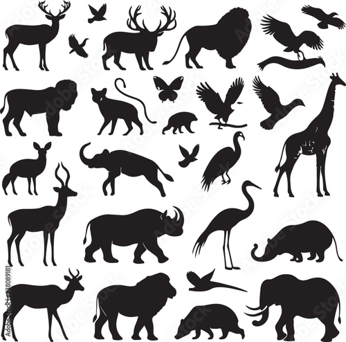 vectors silhoutte animals of savanna, all of is mamalia, silhouettes on a white background. Perfect for designs about animals