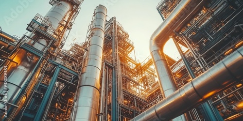 Outdoor steel pipelines weaving through an industrial oil and gas refinery, towering structures and metallic sheen under a clear sky, complex engineering