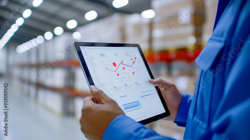Warehouse worker analyzing data on tablet in storage facility, monitoring logistics and inventory statistics for efficient management.
