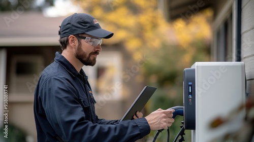 A qualified technician installs an EV charging station at a home, troubleshooting and configuring the laptop-based charging system for electric vehicles. photo