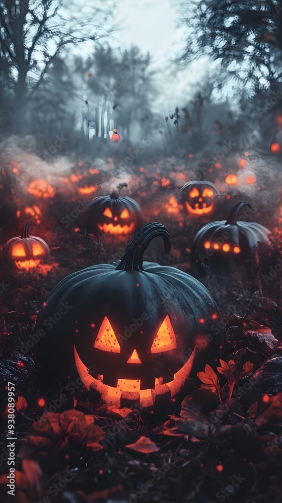 Fototapeta premium Glowing Jack o Lantern in Spooky Forest