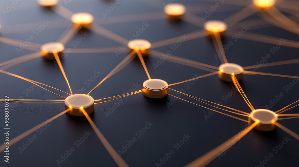Digital connectivity network, glowing orange nodes interconnected by luminous lines on a dark surface, symbolizing data flow and technological interdependence.