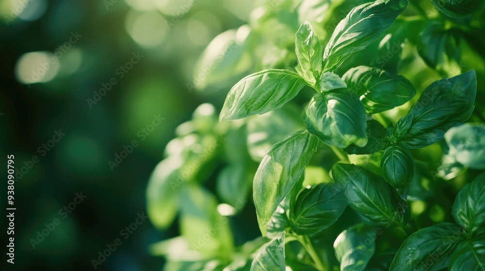 Close-up of fresh basil leaves in a garden, aromatic and green herbs for cooking, organic food concept Close-up of fresh basil leaves in a garden, aromatic and green herbs for cooking, organic food concept