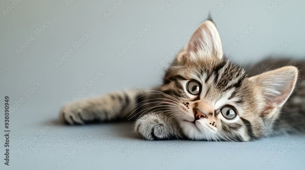 Kitten lying down with its paws crossed on a blank backdrop Kitten lying down with its paws crossed on a blank backdrop