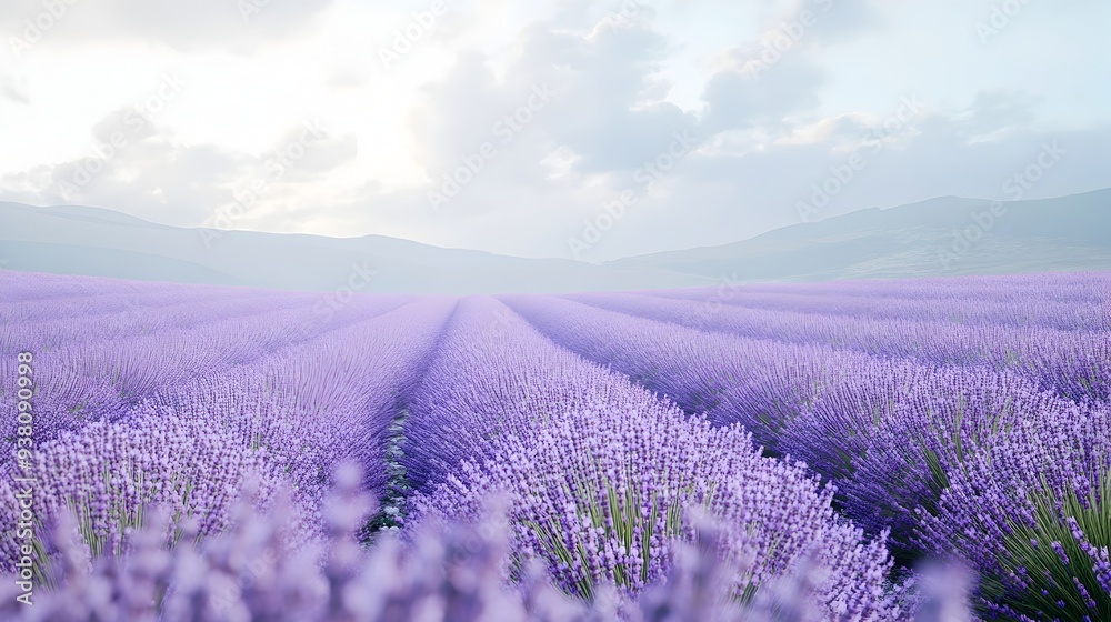 Fototapeta premium A stunning photograph of a lush full bloom lavender field set against a tranquil rural landscape The serene vibrant purple hues create a calming