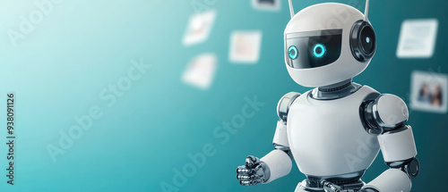 Friendly robot with glowing eyes, poised in a digital environment, symbolizing the future of technology and interaction, surrounded by floating documents and memories.