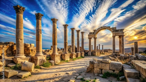 Ancient Gadara ruins with crumbling stone columns and arches set against a vibrant blue sky with wispy clouds in Umm Qais, Jordan. photo