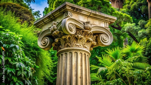 Ancient Greek column standing tall amidst lush greenery, showcasing intricate carvings and ornate details, evoking a sense of history and classical elegance. photo