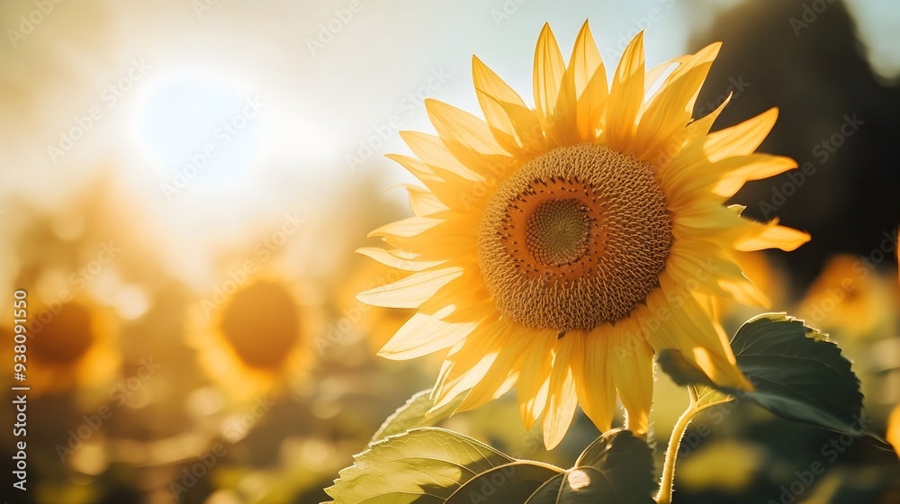Fototapeta premium Close up Photograph of a Radiant Sunflower Blooming and Facing Towards the Sunlight with Ample Empty Space on the Side for Text Overlay or Graphic Design