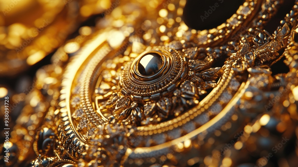 Close-up of golden jewelry with intricate designs, luxury accessories and craftsmanship concept, elegant background Close-up of golden jewelry with intricate designs, luxury accessories and craftsmanship concept, elegant background