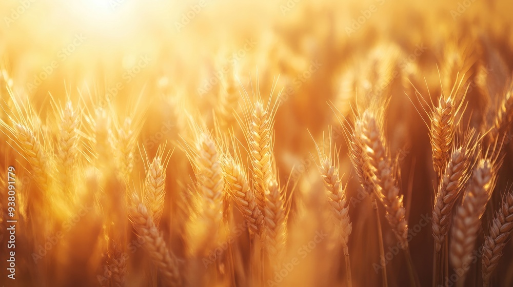 Close-up of golden wheat fields under the warm sunlight, agricultural harvest and rural landscape, nature background Close-up of golden wheat fields under the warm sunlight, agricultural harvest and rural landscape, nature background