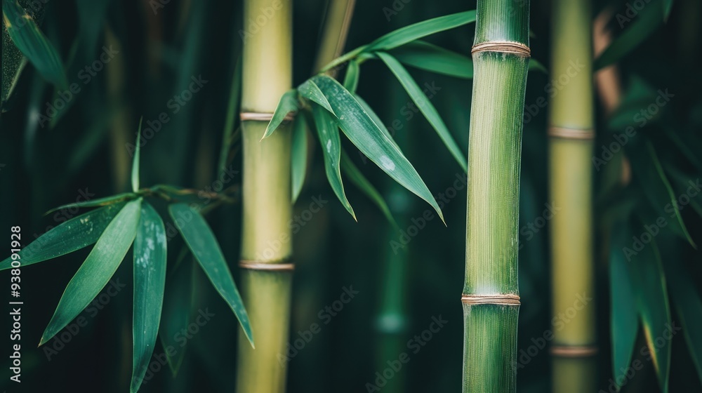 Fototapeta premium Close-up of green bamboo stalks with leaves, peaceful nature background and environmental conservation concept
