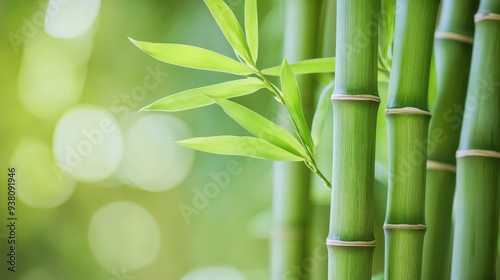 Close-up of green bamboo stalks with leaves, peaceful nature background and environmental conservation concept