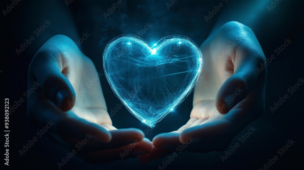 Two hands cupped together, holding a glowing blue heart with smoke rising from the top. Two hands cupped together, holding a glowing blue heart with smoke rising from the top.