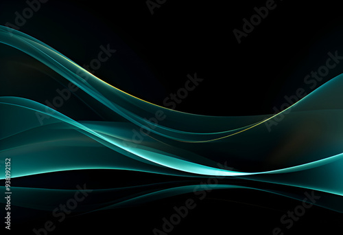 Abstract background with turquoise glowing lines on dark background, smooth curves, wavy dark turquoise lines, conceptual gradient background.