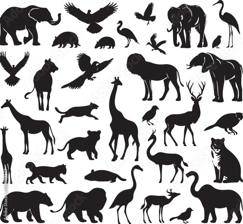 silhoutte animals of savanna, all of is mamalia, silhouettes on a white background. Perfect for designs about animals
