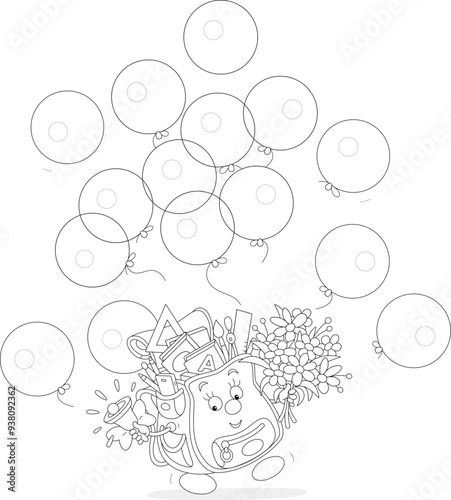 Funny cartoony schoolbag holding holiday balloons and ringing its bell on the last or first day of school, black and white outline vector illustration for a coloring book