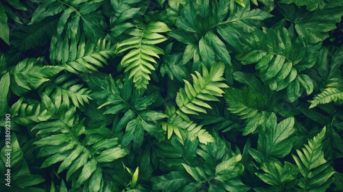 Close-up of vibrant green fern leaves with delicate fronds, nature texture and organic background, space for text