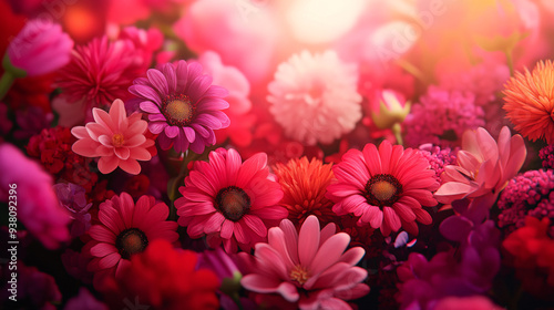 A bouquet of flowers with a pink and red color scheme. The flowers are arranged in a way that they are all facing the same direction, creating a sense of unity and harmony. Scene is one of beauty