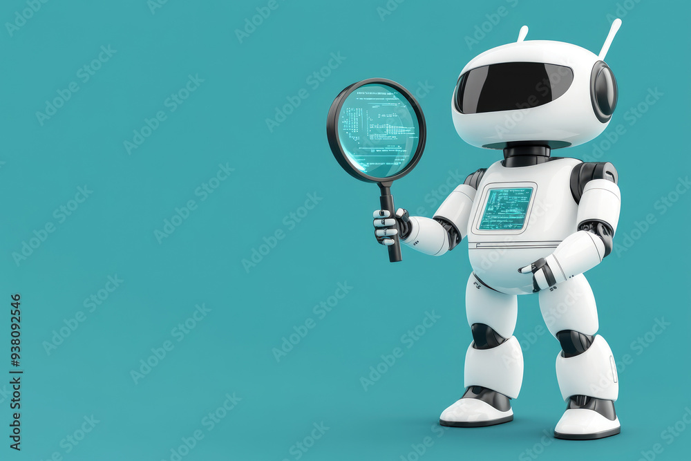 Innovative Tech Companion, a playful robot holding a magnifying glass with digital data displayed, set against a vibrant teal background, embodies modern exploration and curiosity. Innovative Tech Companion, a playful robot holding a magnifying glass with digital data displayed, set against a vibrant teal background, embodies modern exploration and curiosity.