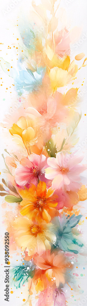 A painting of a bouquet of flowers with a yellow center and blue and pink petals. The flowers are arranged in a long line, with some overlapping and others standing alone