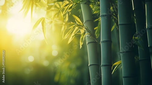 Serene and picturesque bamboo grove with sunlight filtering through the lush verdant foliage creating a calming and harmonious natural landscape photo