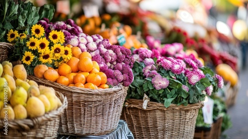 Wallpaper Mural Farmers market with baskets of fresh produce, vibrant summer vegetables, fruits, and flowers on display, lively outdoor shopping scene Torontodigital.ca