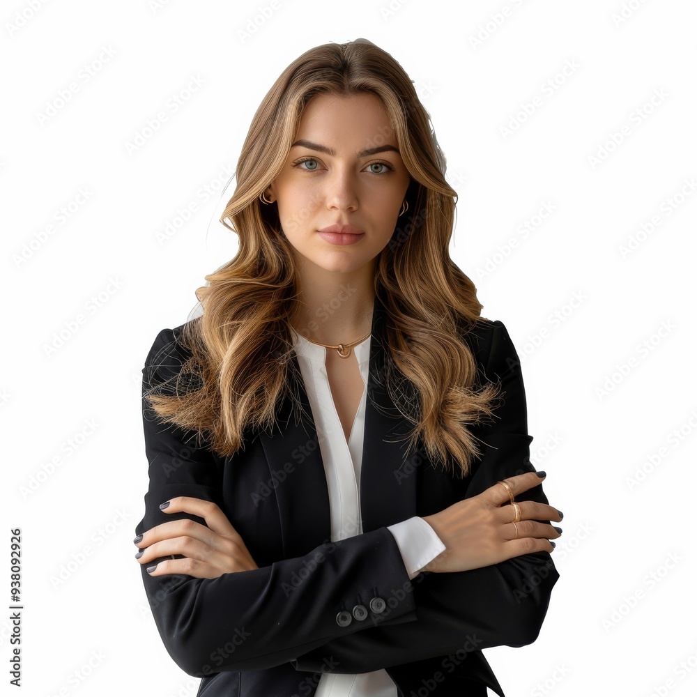 A confident young blonde businesswoman stands with arms crossed, showcasing professionalism and determination, perfect for corporate and business themes, isolated against a white background A confident young blonde businesswoman stands with arms crossed, showcasing professionalism and determination, perfect for corporate and business themes, isolated against a white background
